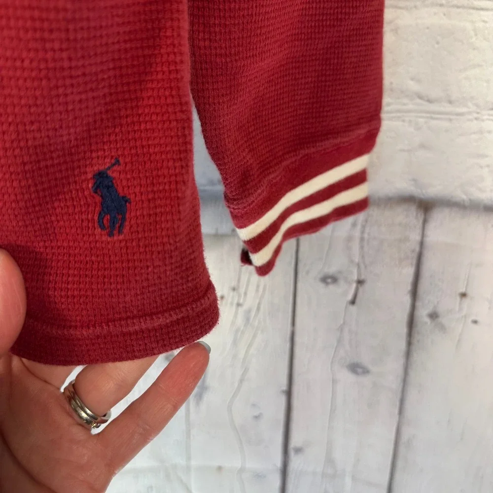 Polo Ralph Lauren Mens Red Waffle Knit Thermal Hoodie Striped Cuffs Large